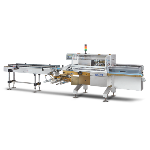 Flow pack packaging system for flexible wrapping material