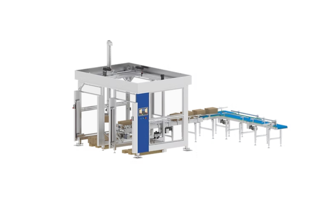 Palletizing machine for automated stacking of cartons and packaged products