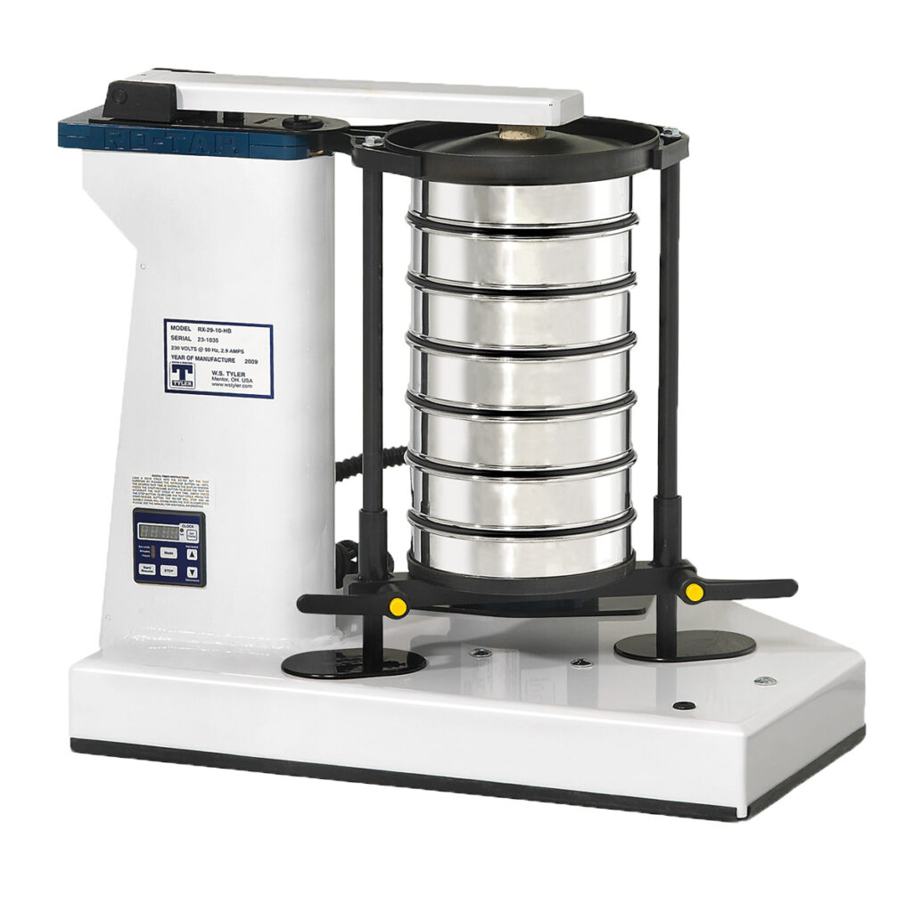 Rotary tapping sieve shaker for difficult particle shapes
